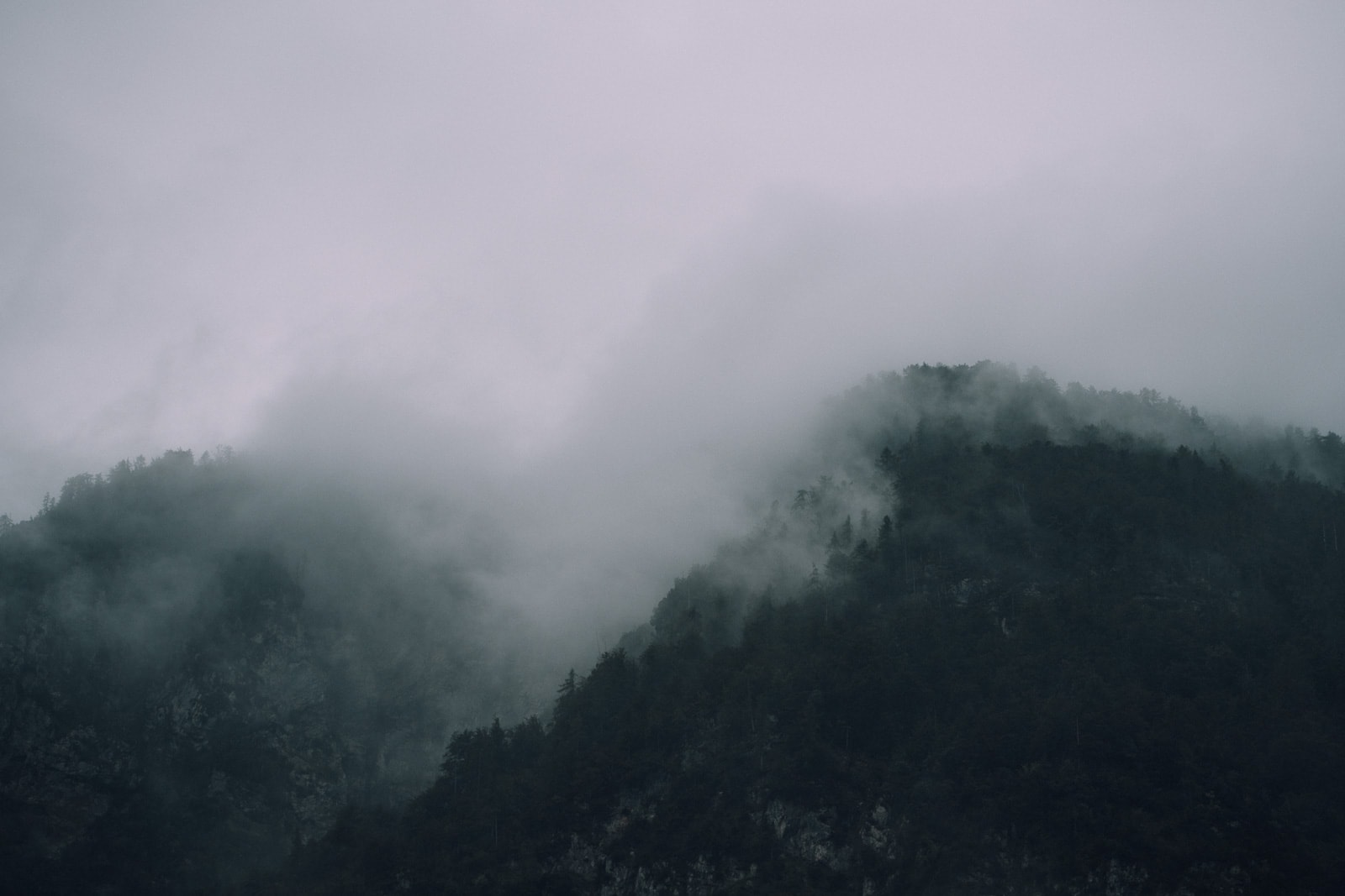 Single mountain peak emerging from mist